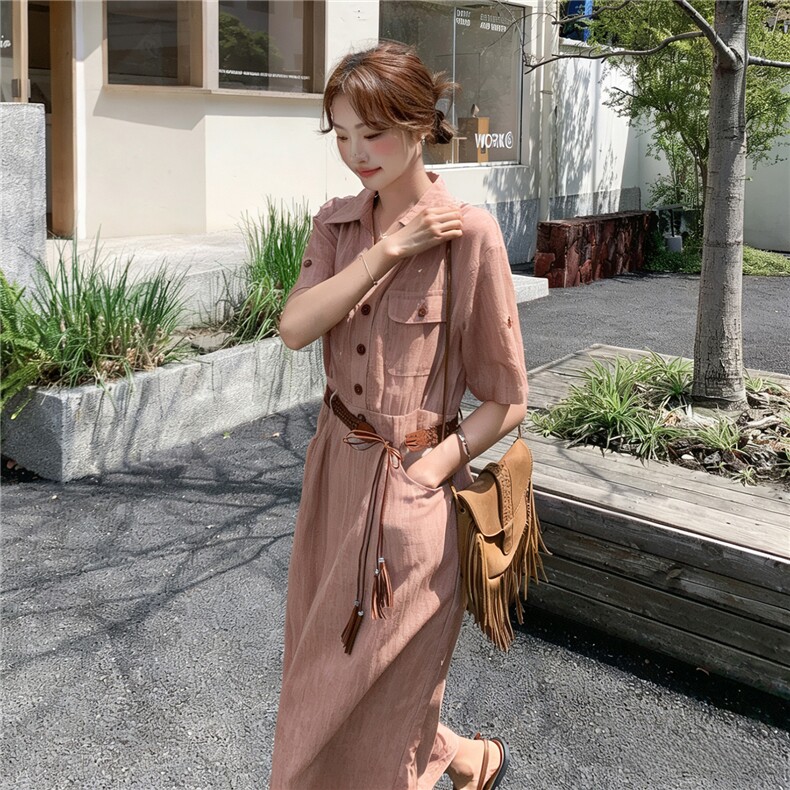 《档口现货26夏上新》气质三色天丝亚麻透气舒适连衣裙配腰带女,女装连衣裙,苗苗