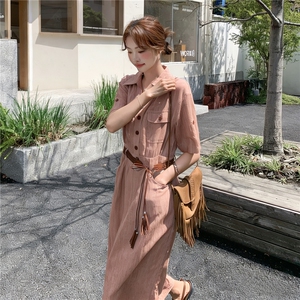 《档口现货26夏上新》气质三色天丝亚麻透气舒适连衣裙配腰带女图片