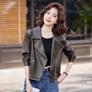 杭州正品港风皮衣女外套2024新款设计感复古机车皮夹克短款皮衣图片