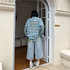 设计感珍珠挂饰撞色格子衬衫女春新款休闲百搭上衣外套CY1201-P48，男装衬衫，星座412-3