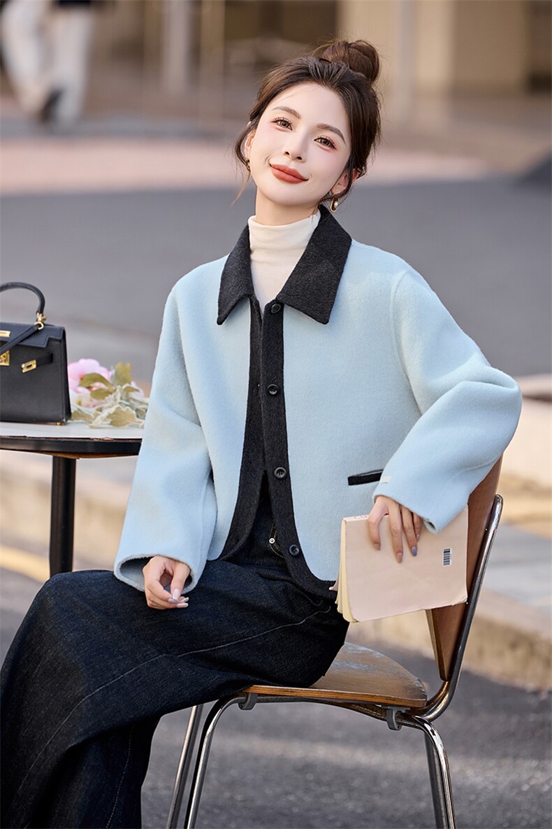 毛呢外套女2025秋冬新款小个子高级感韩系超好看短款双面羊毛大衣,女装毛呢外套,奕可儿