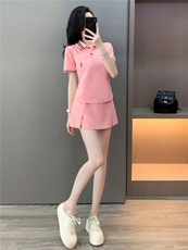 学院风时尚简约套装裙女夏新款修身显瘦Polo领短袖T恤裤裙两件套，女装套装/套裙，江南