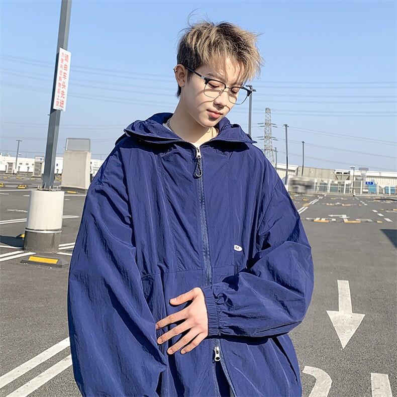 港风大码日系复古纯色连帽薄款防晒衣男潮XZ213-JKFS01-P55控78,男装防晒衣,星座213