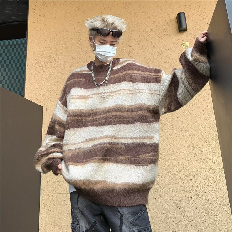 复古着设计小众慵懒风绿色条纹高级感显瘦休闲毛衣男女潮春,男装针织衫/毛衣,星座716-3