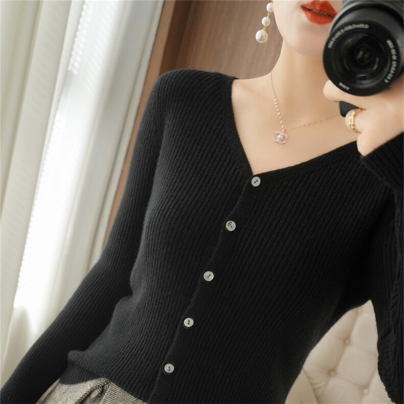 时尚百搭黑色V领开衫显瘦修身仿羊毛针织衫优雅气质女装外套，女装针织衫/毛衣，暖姿羊绒