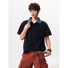 M-8XL美式复古撞色拼接polo衫半拉链短袖t恤大码宽松DX1227/特P40，男装T恤，电商B238
