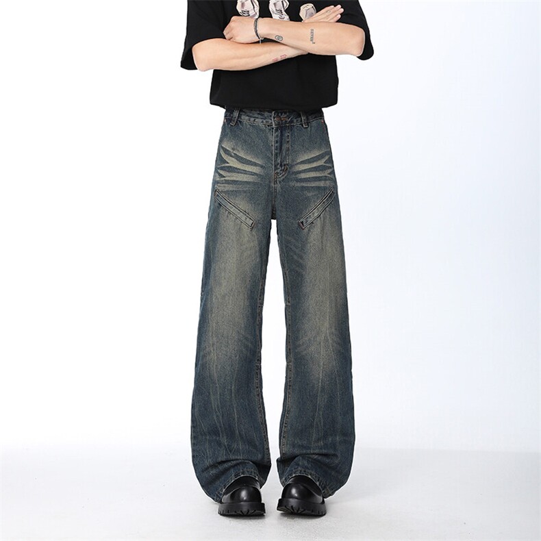 B221美式ins高街暗黑拼接修身微喇牛仔裤LK25566-特P45控78，男装牛仔裤，电商B221