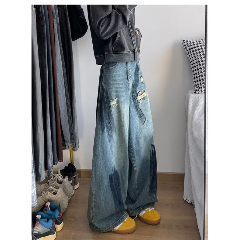 时尚美式复古灯笼廓形锥形涂鸦破洞显瘦垂感拖地男女阔腿牛仔裤潮,男装休闲裤,星座1013