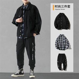 男士休闲套装夹克搭配2021新款秋季牛仔潮牌组合三件套DF150T图片