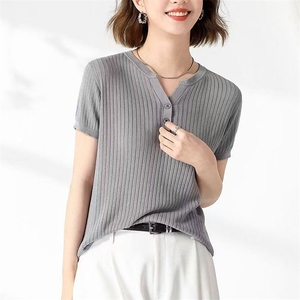 2025夏季新款V领纯棉针织短袖女宽松显瘦洋气休闲百搭上衣针织衫图片