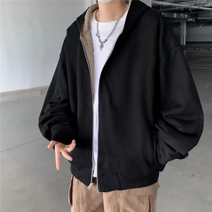 春秋美式两面穿千鸟格连帽拉链外套潮牌男女款夹克 W8512图片