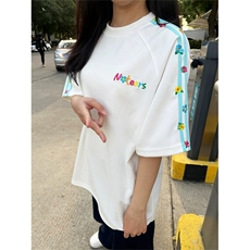 网图有货美式高街肩带刺绣短袖t恤男女拼接花卉宽松上衣A667-P35，男装T恤，星座1505