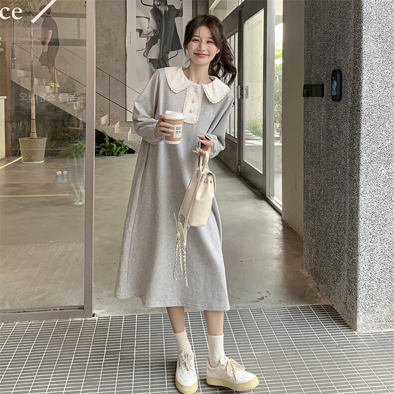 娃娃领刺绣小个子显高连衣裙2025新款女春秋松弛感直筒长袖卫衣裙图片