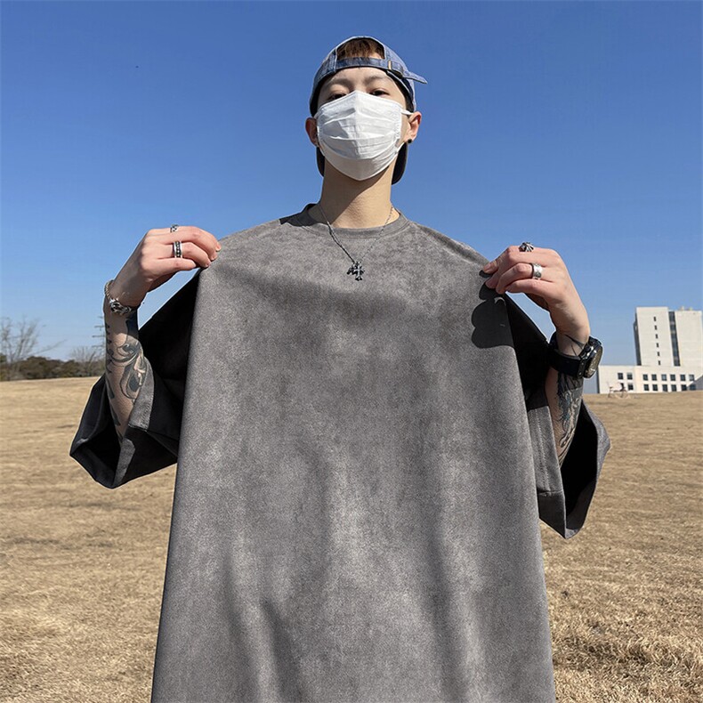 抖音得物直播高品质二开240克美式高街麂皮绒光版纯色短袖t恤12.5,男装T恤,电商A486