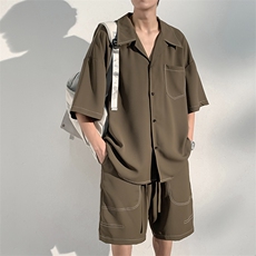 夏季凉感冰丝短袖衬衫短裤男休闲薄款透气时尚两件套装TZ092-P65，男装休闲套装，电商A001