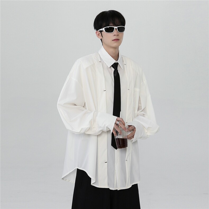 现货原创小众金属铆钉拼接衬衫男褶皱设计感简约开衫CS27-P68,男装衬衫,电商C307
