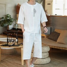 风夏款盘扣刺绣休闲男士套装大码T恤7分裤七分袖潮A822-P80，男装T恤，钱塘788(原4013)