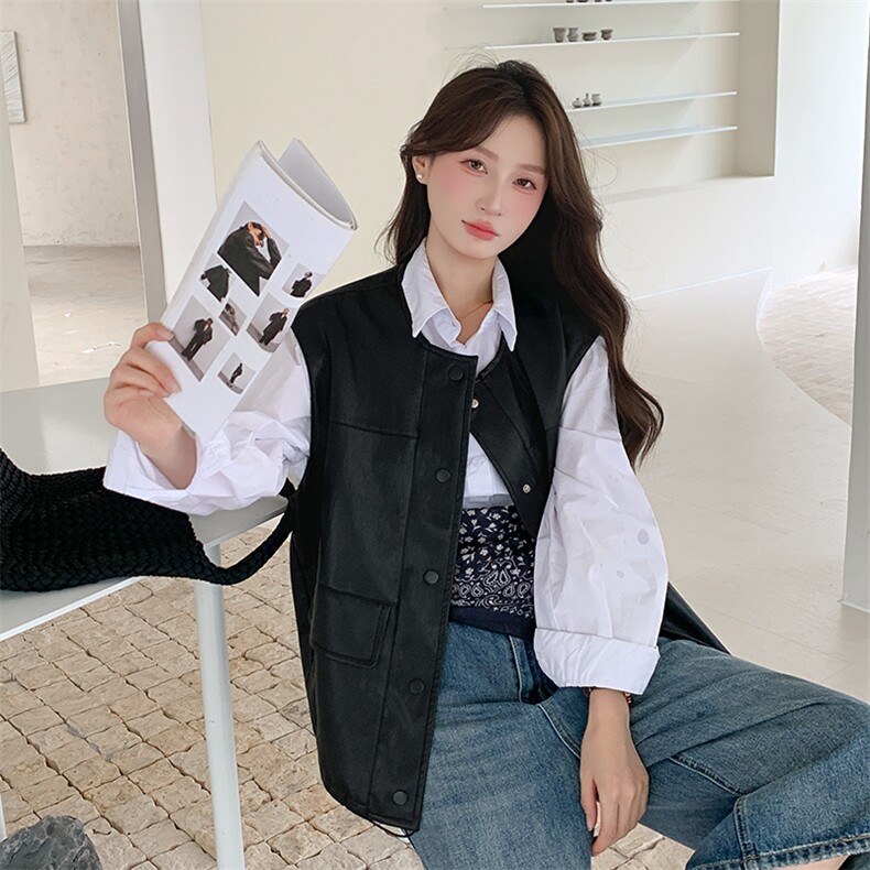 黑色高级感皮衣时尚洋气2025秋新款pu皮马甲圆领外套女图片