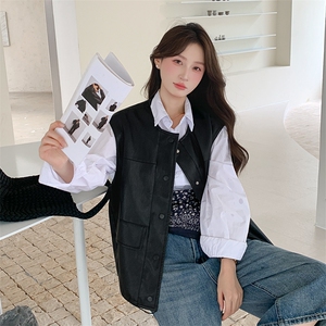 黑色高级感皮衣时尚洋气2025秋新款pu皮马甲圆领外套女图片