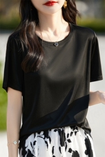高级感三醋酸垂感缎面短袖t恤女一字领褶皱宽松薄款气质半袖上衣，女装T恤，臻维羊绒