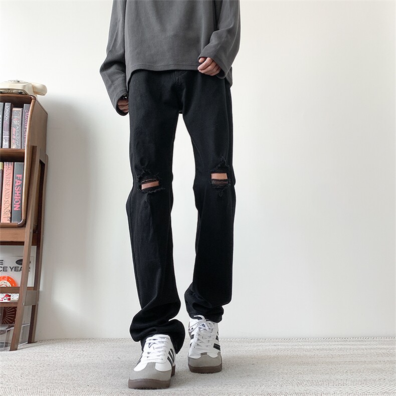 现货纯黑色破洞弹力加大码直筒牛仔裤310A-2BK302P50控78,男装牛仔裤,星座310A-2