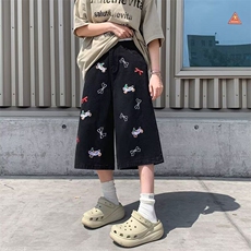 复古蓝七分牛仔短裤男款夏季美式潮牌小狗刺绣裤子宽松直筒阔腿裤，男装牛仔裤，星座601-1
