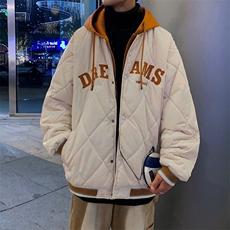 假两件羽绒棉服男士2024冬季新款潮牌美式菱形格棉衣情侣棉袄外套，男装棉衣，电商A409-1