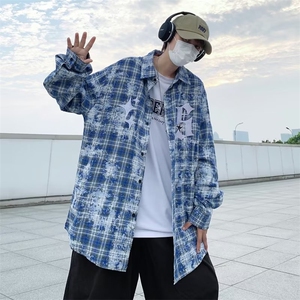 美式复古刺绣格子衬衫男春秋潮ins高街小众宽松衬衣外套HC77-P43图片