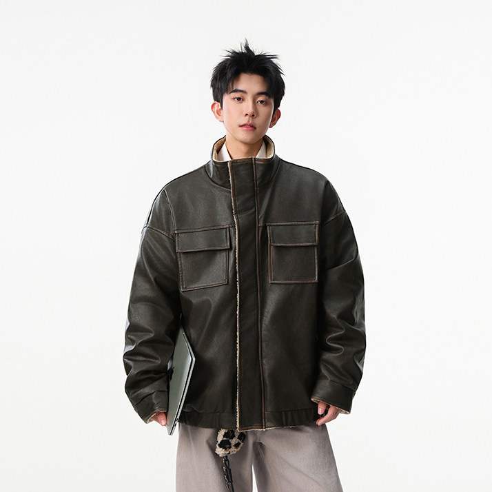 现货数据款冬季新款做旧擦色皮毛一体棉衣218-7-M111-P125-控188，男装棉衣，星座218-7