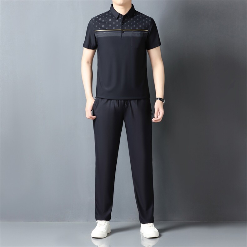 夏季男士短袖长裤套装POLO衫凉感透气翻领简约爸爸休闲冰丝套装,男装休闲套装,钱塘6003（原4033）