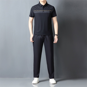 夏季男士短袖长裤套装POLO衫凉感透气翻领简约爸爸休闲冰丝套装图片