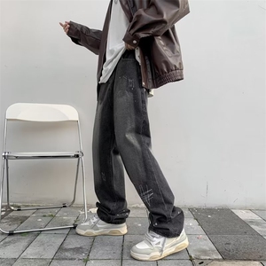 美式高街复古牛仔裤男刺绣印花阔腿宽松直筒拖地裤子RK1226-P41