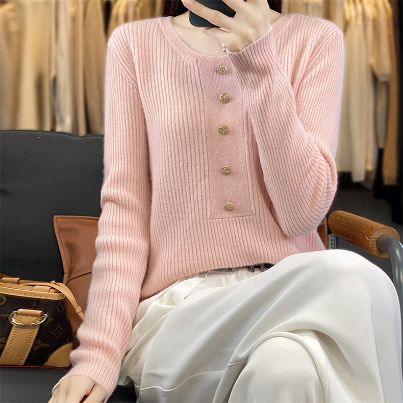 时尚百搭黑色羊毛针织开衫修身显瘦五扣打底衫优雅气质女装外套,女装羊毛衫,梵泰羊绒