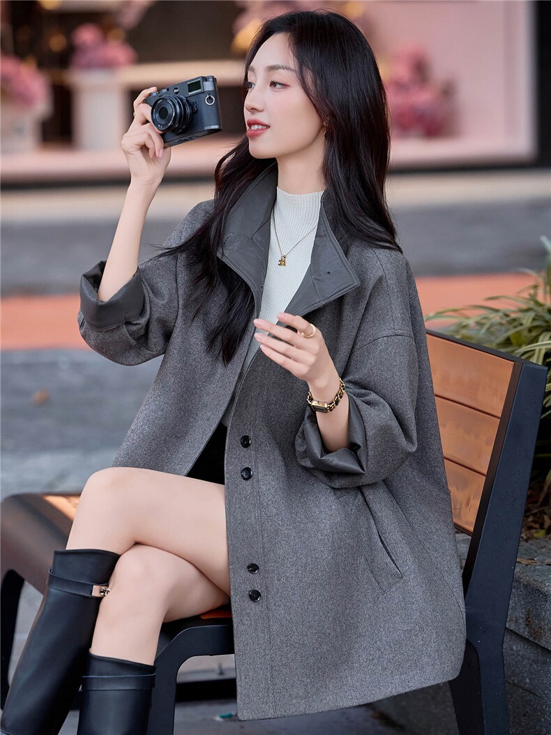 赫本风设计感灰色羊毛大衣女2025年秋冬季宽松休闲遮肚毛呢外套,女装毛呢外套,靓衣阁