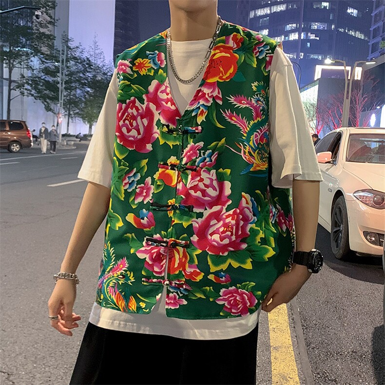 秋新东北大花布马甲修身背心马甲坎肩盘扣演出服男女大码外衣MJ02,男装背心/马甲,星座115A(原星座507）