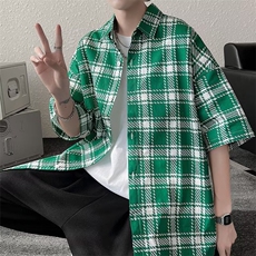短袖衬衫男夏季新款港风宽松格子衬衣CS5522-P30，男装衬衫，星座1109-3