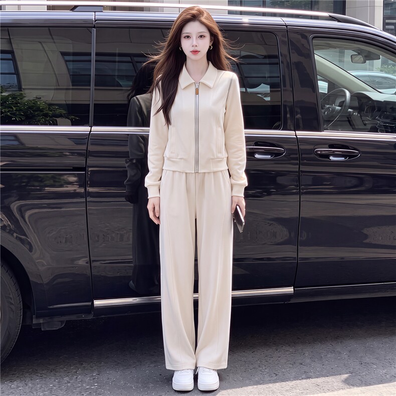 韩系女春秋新款套装时尚洋气休闲减龄翻领开衫外套阔腿长裤两件套,女装套装/套裙,江南