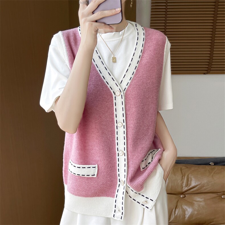 100%纯羊毛针织马甲背心女小香风针织开衫叠穿无袖外穿保暖坎肩，女装马甲，大美人包芯纱店