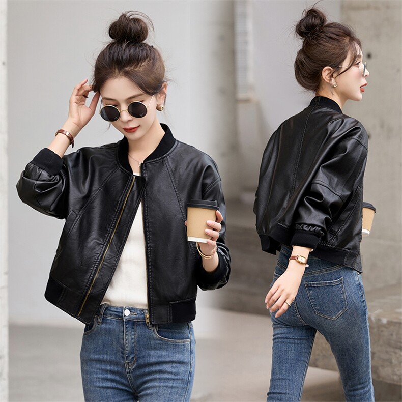 欧美风短款机车棕色皮衣外套女秋季新款宽松夹克高级感复古棒球服，女装皮衣，江南女神
