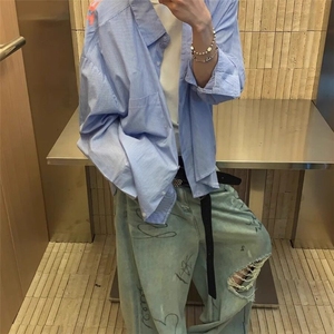 网图 CS31-特P38控68 25春装男女字母印花衬衫宽松版条纹开衫衬衫图片