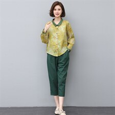 时尚棉麻套装女2022秋装新款韩版印花衬衫休闲裤两件套潮，女装大码女装，奕阳依阁