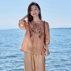 2026年春季文艺风女短袖宽松亲肤透气薄苎麻文艺/优雅，女装衬衫，江南依恋