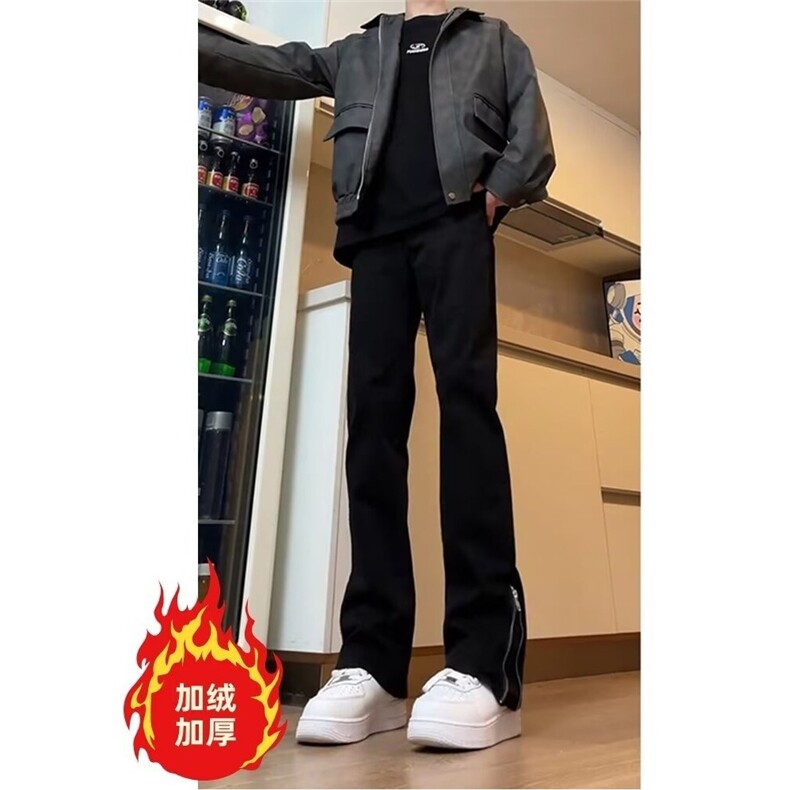 美式微喇牛仔裤加绒直筒裤子高街vibe开叉拉链长裤K8001-P46网图,男装牛仔裤,电商B245