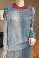 精纺6羊毛Polo领绞花刺绣针织衫，女装针织衫/毛衣，九嘉羊绒