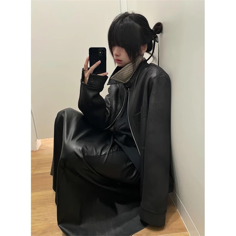 美式复古猎装皮衣外套男秋冬设计高级感千鸟格夹克LJK85633-p82，男装皮衣，星座1008