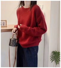 圆领纯色加厚100%纯羊毛衫针织毛衣女慵懒风宽松打底羊绒衫上衣，女装羊毛衫，圣旺供货