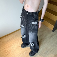 美式高街黑色破洞牛仔裤男夏季新款ins潮牌直筒宽松拖地阔腿裤子，男装牛仔裤，星座716-2