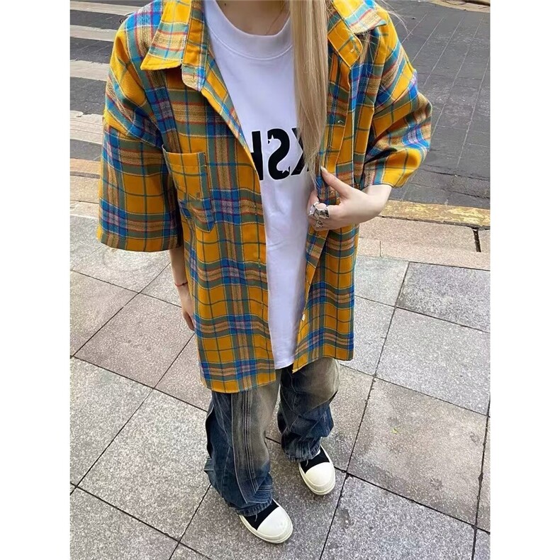 美式复古黄色格子短袖衬衫男vintage潮牌夏季薄款衬衣高级感外套,男装T恤,星座1210-1