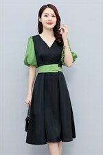 法式气质连衣裙女夏2022新款洋气减龄收腰显瘦拼接撞色中长款裙子，女装连衣裙，辉之琳