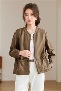 2026年春季棒球领休闲水洗皮短款外套，女装皮衣，文熹诺